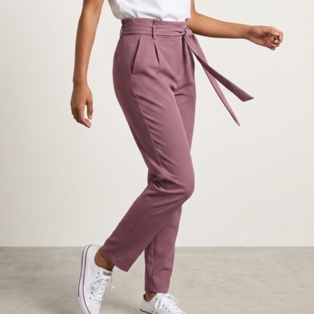 Potters Pot Paperbag Waist Tie Belt Pants Mauve Rose Tapered Trouser L‎